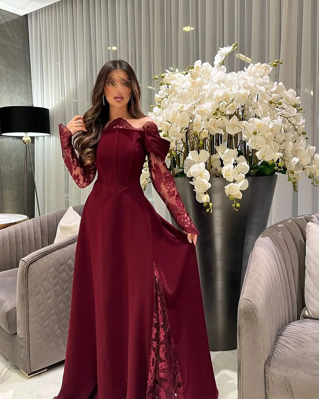 Customized Exquisite Jersey Off the Shoulder Lace Evening Dresses Delicate Long Sleeves Party Dress Custom Made Cocktail Dress