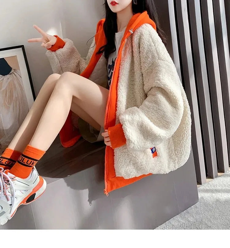 Imitation Lamb Wool Zipper Coat Woman Hoodies Y2k Clothes Sweatshirt Streetwear Korean Fashion Autumn Winter Jacket New Loose