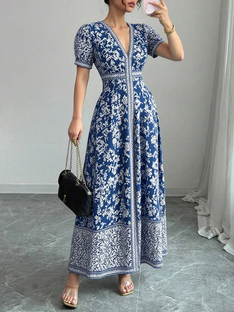 Rafiah Boutique Women's Even Dress 2025 Summer Modest Fashion Short Puff Sleeve V-Neck Chinese Style Graphic Printing Long Dress