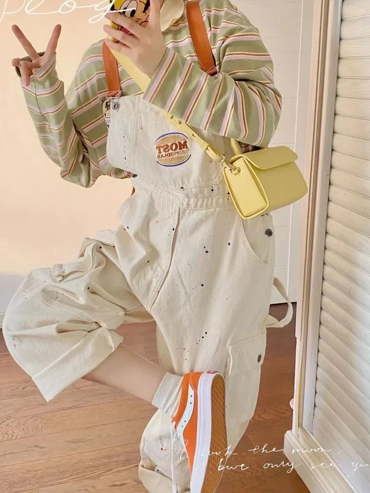 Cool Girl Style Embroidered Spicy Ink Denim Strap Jumpsuits Women's Autumn/Winter Large Loose and Slim Retro One Piece Pants