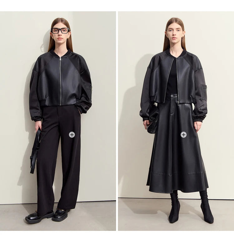 Amii Minimalism PU Leather for Women 2024 Autumn New Casual Handsome Baseball Collar Zipper Short Retro Female Jacket 12423080