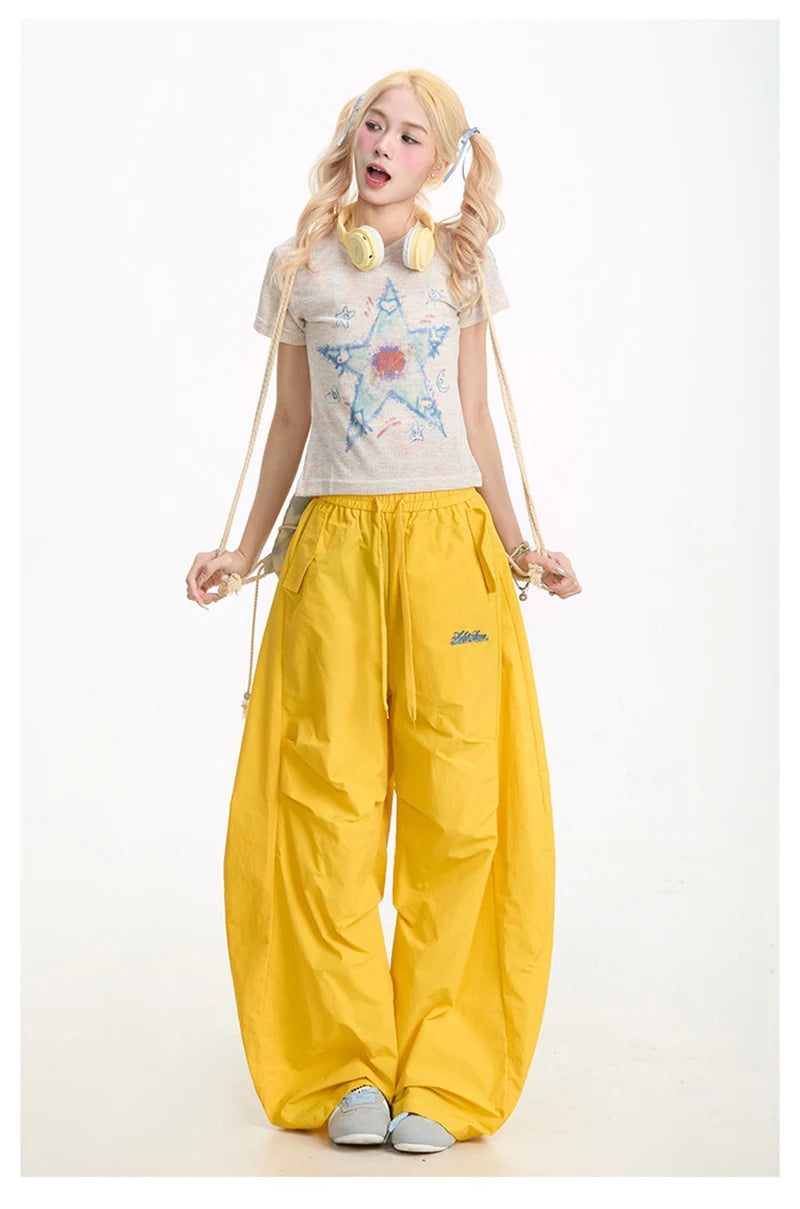 Zoki Streetwear Yellow Cargo Pants Women Vintage Letter High Waist Y2K Wide Leg Trousers High Quality Loose Paratrooper Pants