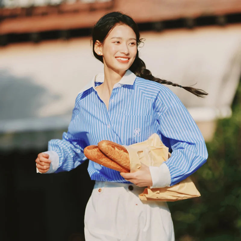 Semir Long Sleeve Shirt Women Mid-long Style Striped Pure Cotton 2025 New Spring Embroidery Oversize Blouse for Commuting