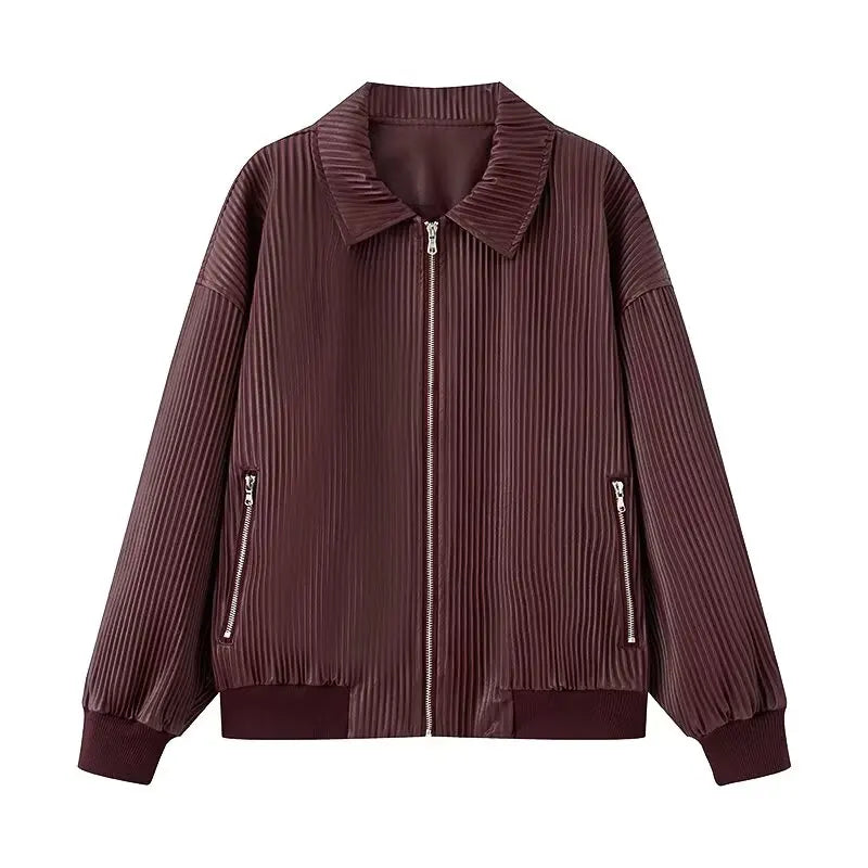 Faux Leather Jackets Women's Coat Wine Red Outwear Solid Long Sleeve Tops inszart 2025 With Zipper Streetwear Fashion Woman Coat