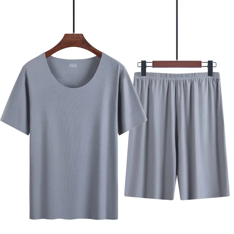 Men's two-piece ice silk pajamas Loungewear men's Plus Size Pajamas Home Set Men's summer thin modal short sleeve pajamas