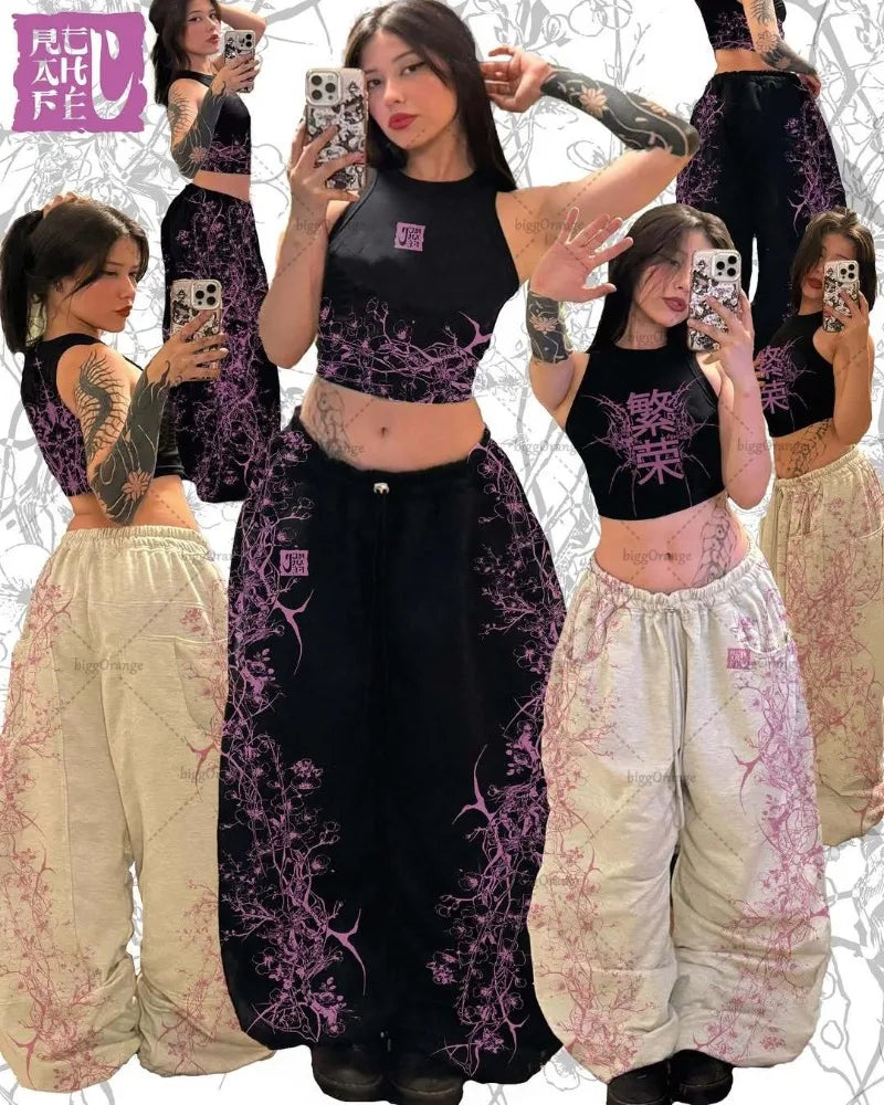 Casual Fashion Harajuku Hip-hop Gothic Punk Oversized Wide-leg Pants Men Y2K Streetwear Trousers Rock Baggy Straight Pants Women