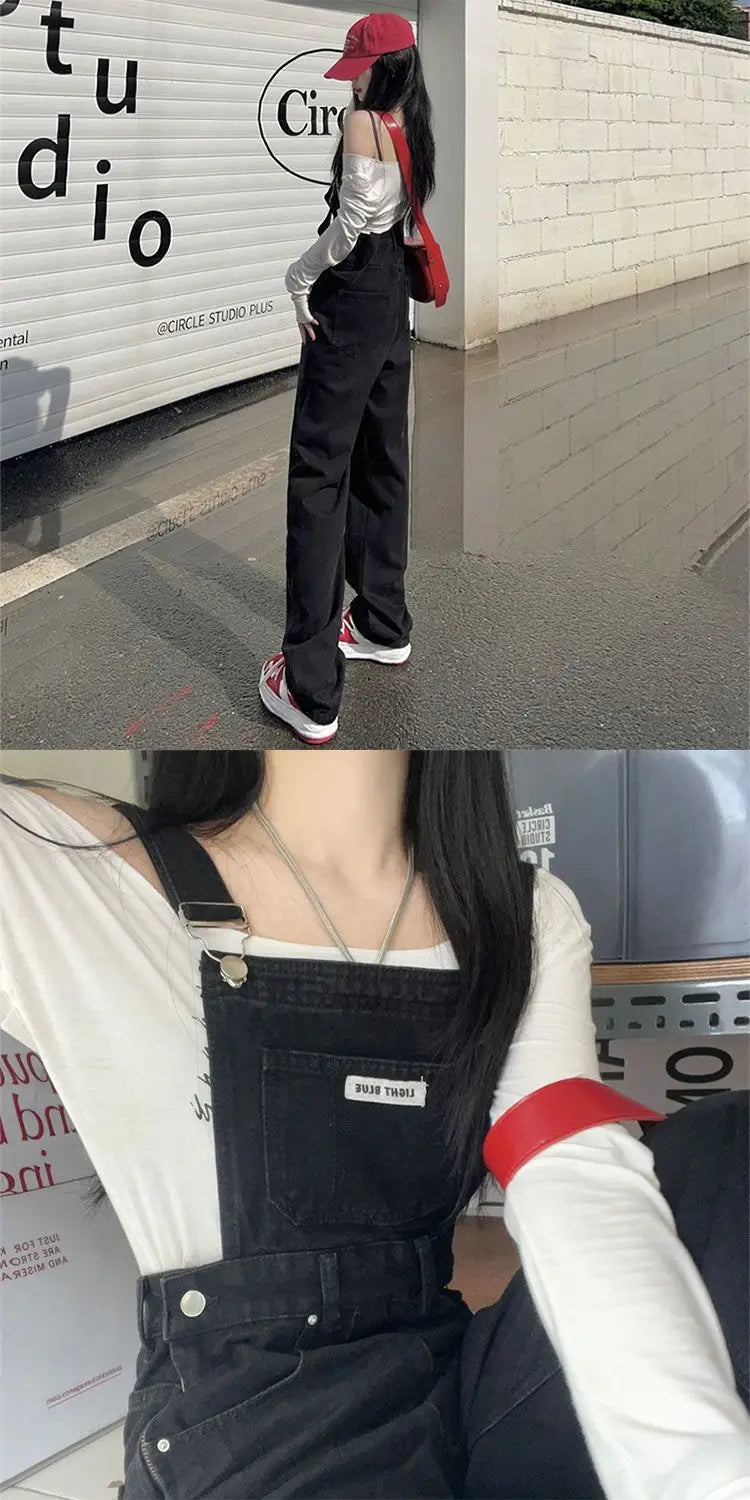 Cool Girl Style Embroidered Spicy Ink Denim Strap Jumpsuits Women's Autumn/Winter Large Loose and Slim Retro One Piece Pants