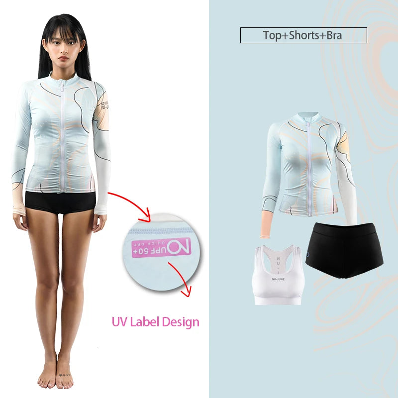 Nu-June Rash Guard Women's Long Sleeve Zipper Surfing Suit, Sun Protection, Quick Dry Bathing Suit, Front Zipper Swimsuit