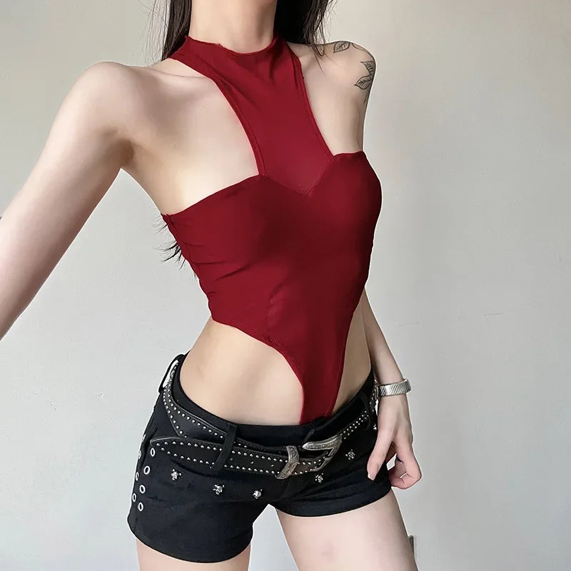 Red Lingerie Sexy Bodysuit Transparent Mesh Body Feminino Neck-mounted One-pieces Backless Tops For Women Y2k Clothes Bustier