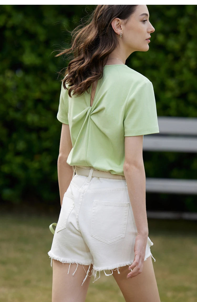 AMII Minimalism 100% Cotton Hollow Out Solid Short Sleeves Tees 2025 Spring New V Neck Top Women Casual Female T Shirt 12342289