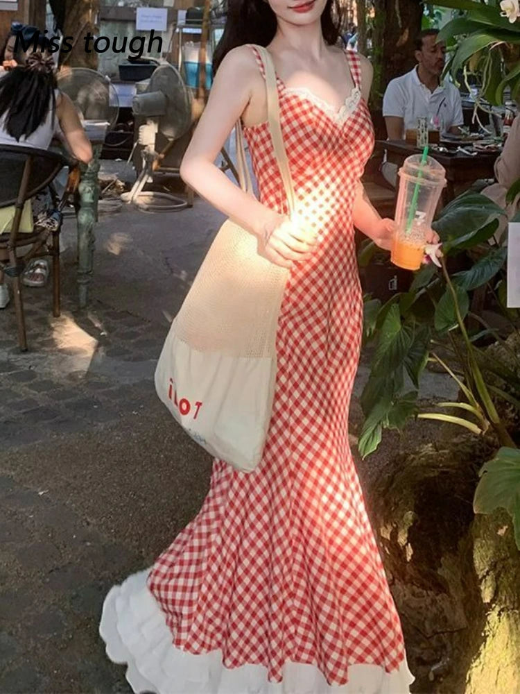 Women Summer Red Plaid Maxi Dress Spaghetti Strap Lace Trim Ruffle Hem Slim Fit Long Dress Elegant Vacation Beach Outfit 2025