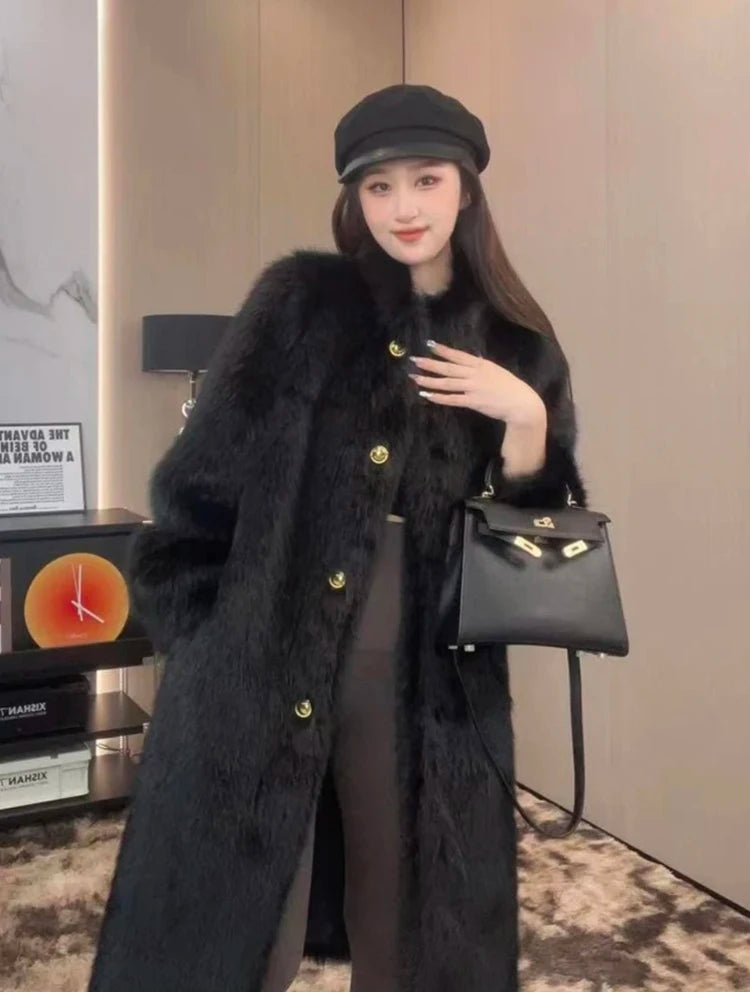 Lautaro Autumn Winter Long Thick Warm Hairy Soft Faux Fox Fur Coat Women Stand Collar Elegant Luxury Chic Fluffy Jacket 2024
