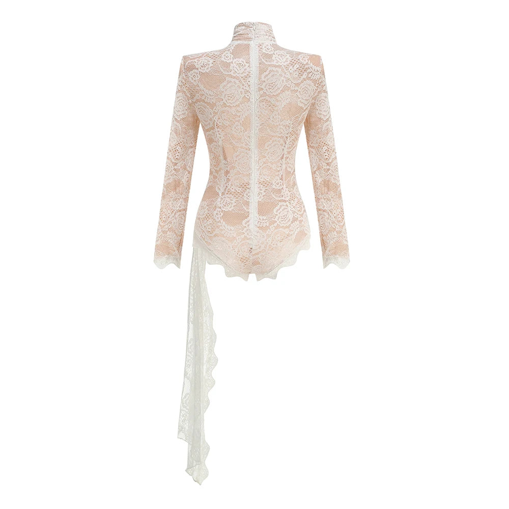 2024 New Autumn White Black Women Sexy Long Sleeve Lace Bodycon Draped Bodysuit Fashion Performance Costume Stage Wear