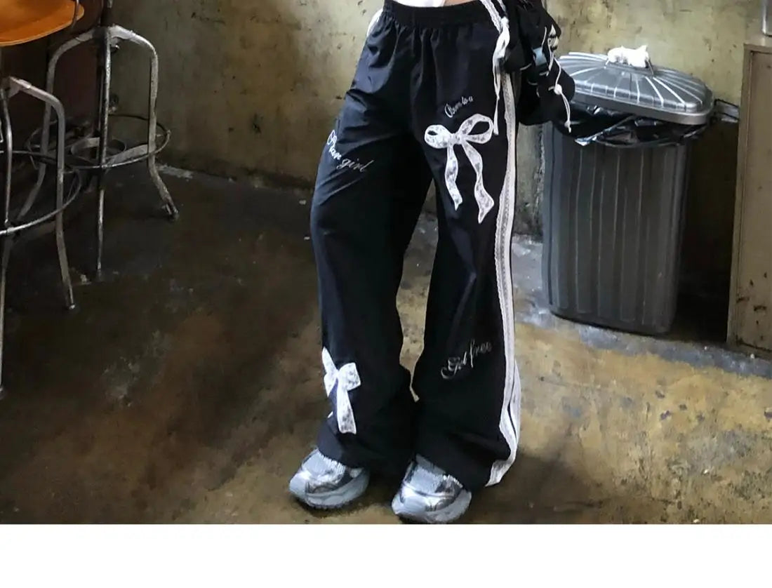 Dophee Original Spice Girls Elastic Waist All-match Loose Straight Wide Leg Pants Cute Bow Printed Splicing Lace Casual Trousers