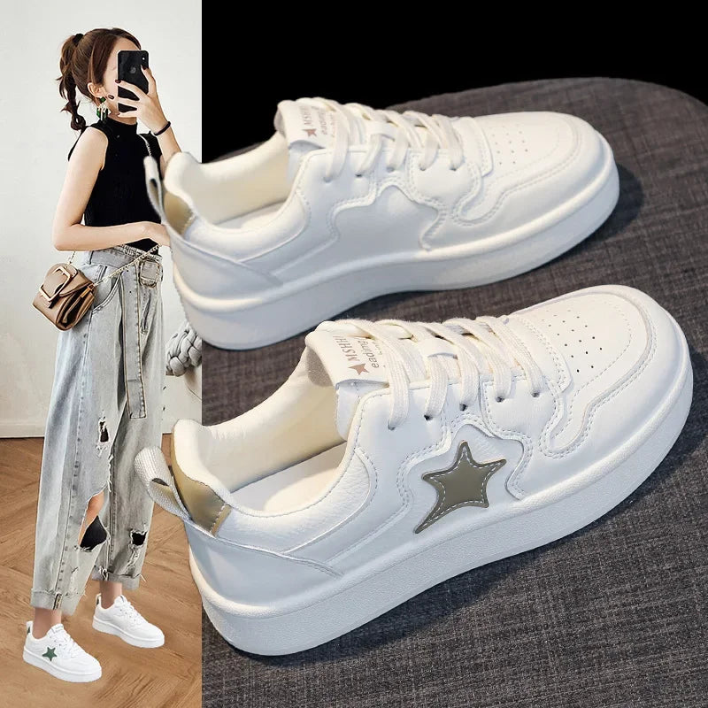 Women's Star Design Thick Bottom Sneakers Soft Sole Student Low Top Shoes Breathable Polyurethane Upgraded Spring 2025