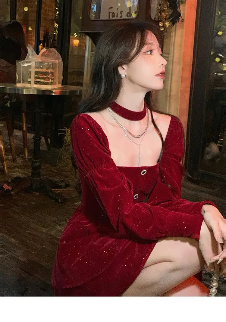 Women's Slim Fit A-line Velvet Dress, Christmas Clothes, Square Collar, Long-sleeved, Red, Sweet, Hot Girl, Autumn Winter