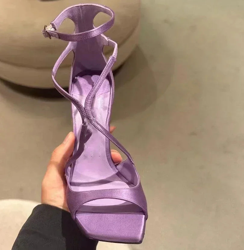 Sexy Luxury Satin High Heels Women Designer Party Dress Shoes Square Head Gladiator Sandals Female Slingback Sandals Women Pumps