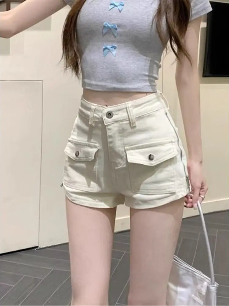 Sexy Hottie Slim Denim Shorts Women Summer Simplicity Office Lady Solid Color Cargo Fashion High Waist Appear Thin Wide Leg