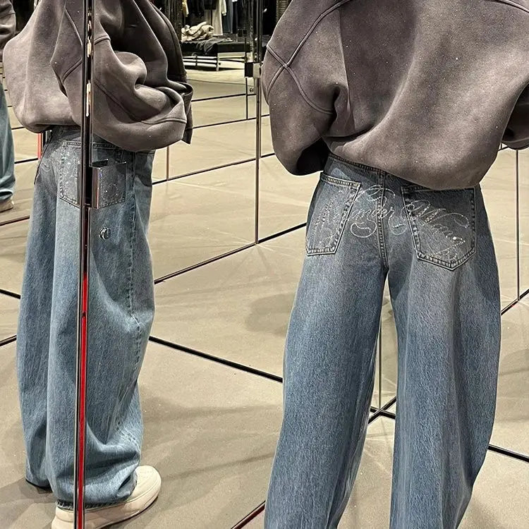Letter Hot Diamonds High Waited Jeans Woman Street Fashion Baggy Jeans Women Clothing Casual Versatile Pants Women