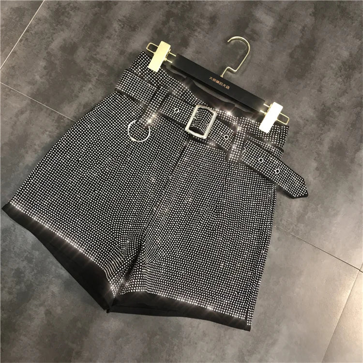 Women Black Rhinestone Belt Shorts New Arrivals High Waist Fashion Temperament summer Autumn Female Streetwear Short Ropa Mujer