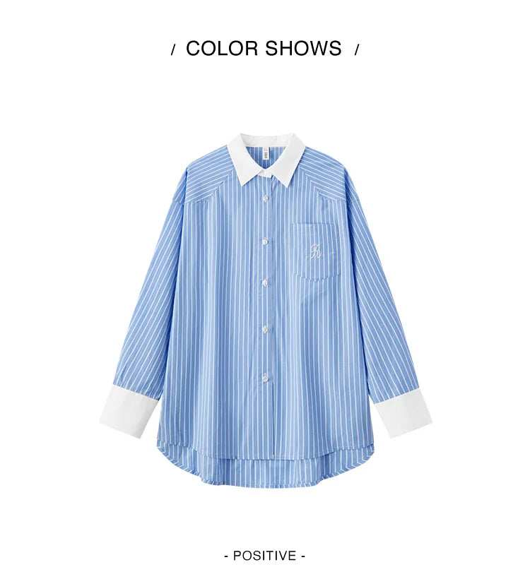 Semir Long Sleeve Shirt Women Mid-long Style Striped Pure Cotton 2025 New Spring Embroidery Oversize Blouse for Commuting