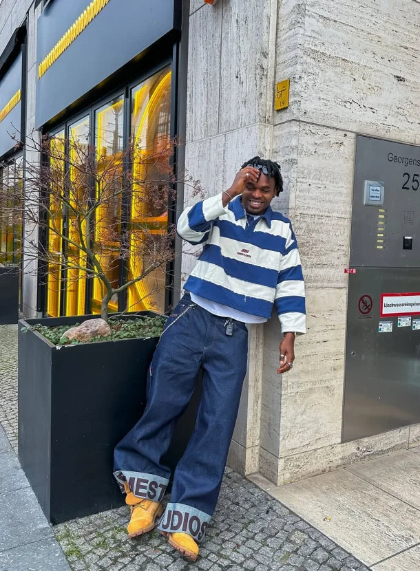 American blue and white striped campus style Polo shirt men's spring simple loose lapel casual long-sleeved T-shirt sweatshirt