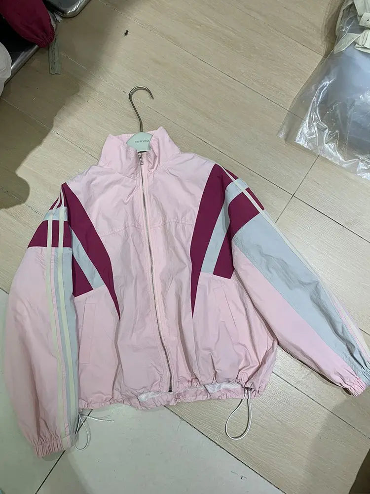 Patchwork Stand Collar High Street Y2k Bomber Outerwear Contrast Color Casual Loose Zipper Summer Jackets Women Baseball Coats