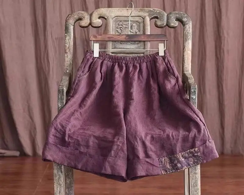 Women Retro Ethnic Style Patch Oversize Cotton Linen Short Pants Summer Female Casual High Waist Beach Shorts Pantalones Cortos