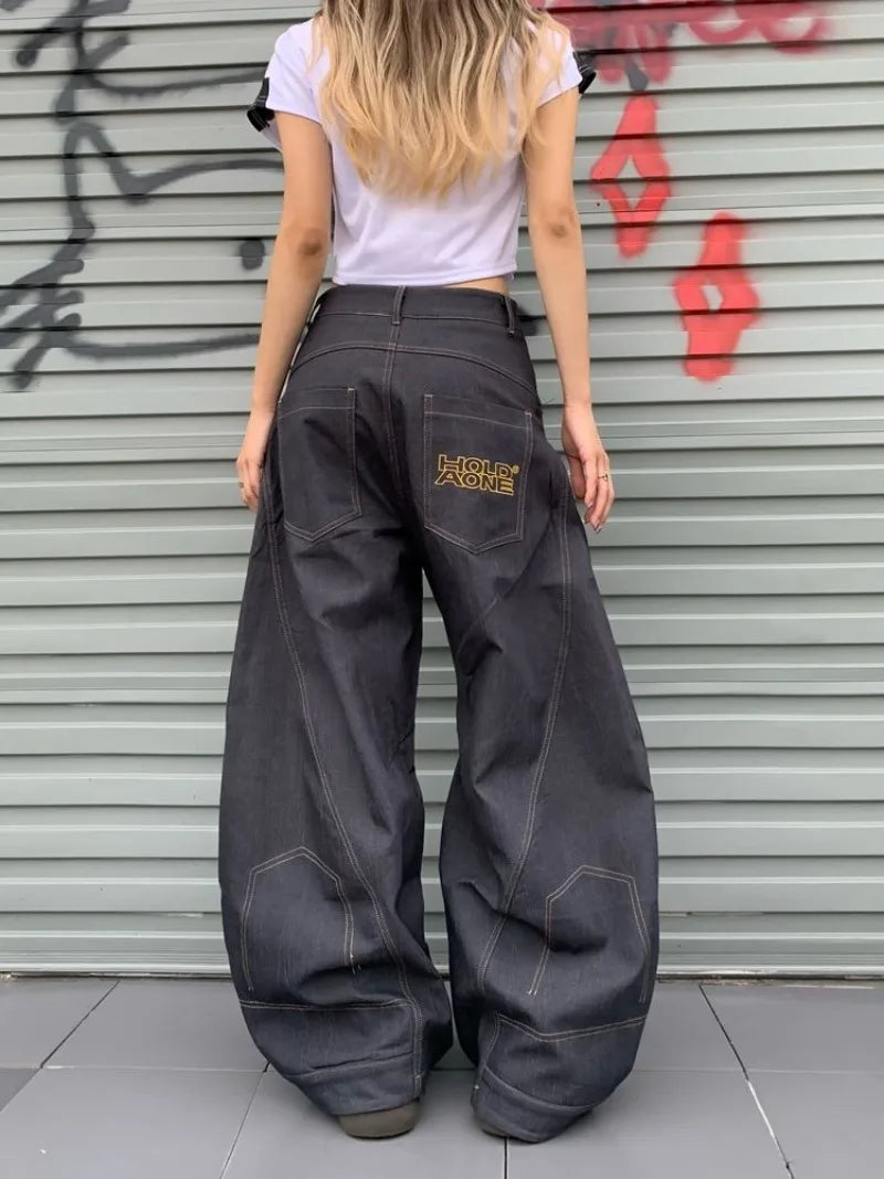American New Fashion Letter Embroidery Stitching Old Baggy Jeans Women Y2K Harajuku  Popular High Waist Wide Leg Trousers