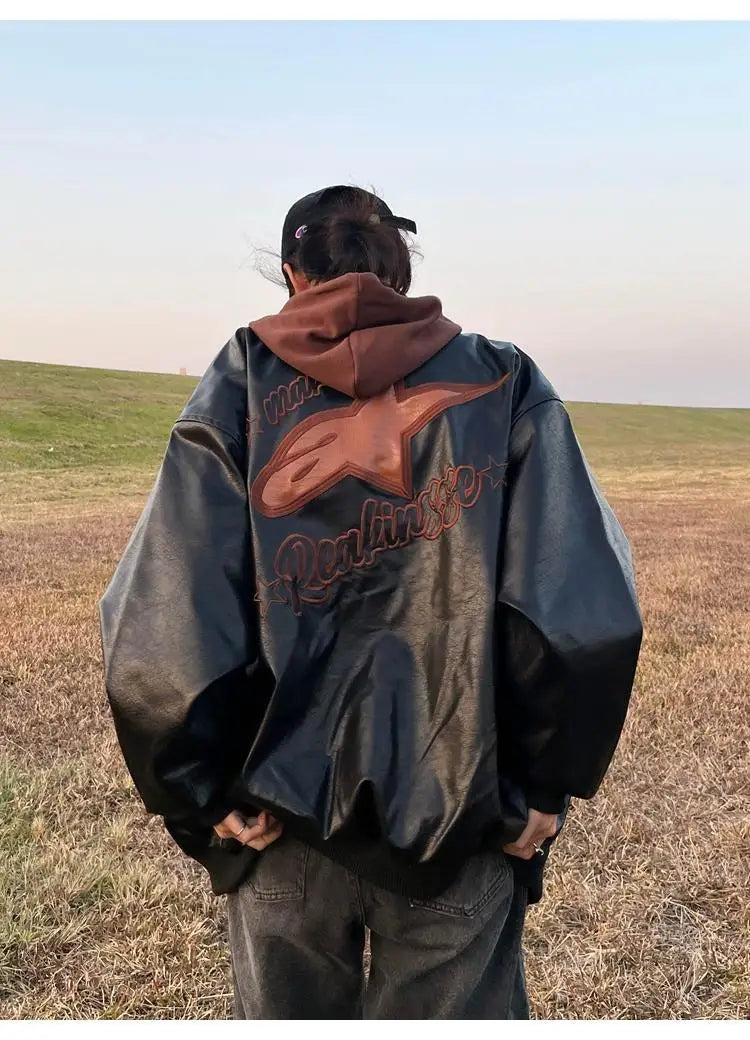 American retro letter embroidery leather Jacket Coat women's Y2K street hip-hop trend baseball suit couple casual leather jacket