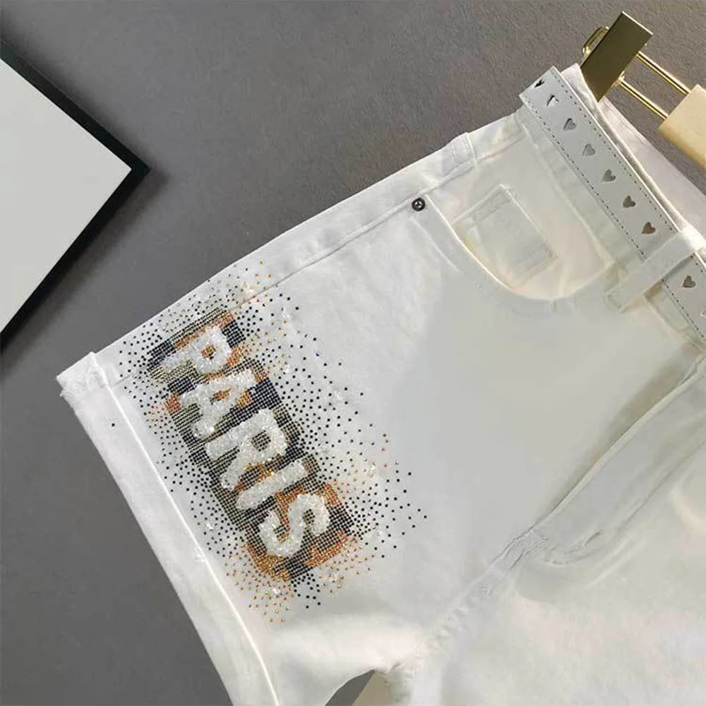 White Denim Shorts Women's 2023 Summer New European Station Loose High Waist Hot Pants Fashion Letter Diamond Jean Pants Ladies