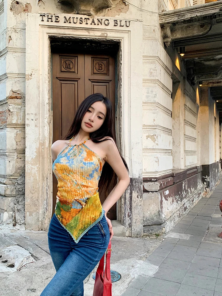 Tonngirls Vintage Tie Dye Tank Tops Women Sleeveless Lace Up Y2k Retro Camis Tops Backless Summer Korean Style Tank Tops 2000s