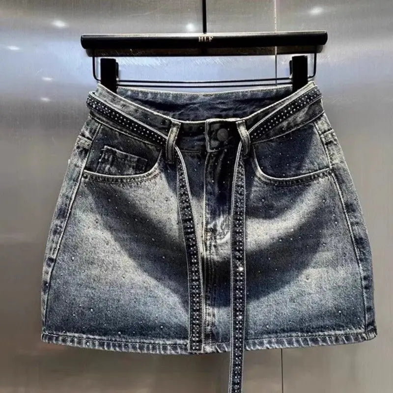 Diamonds Vintage Denim Short Skirt 2025 Summer New High Waist Fashion High Waist A-line Skirt Women Clothes Trend Sexy Skirts