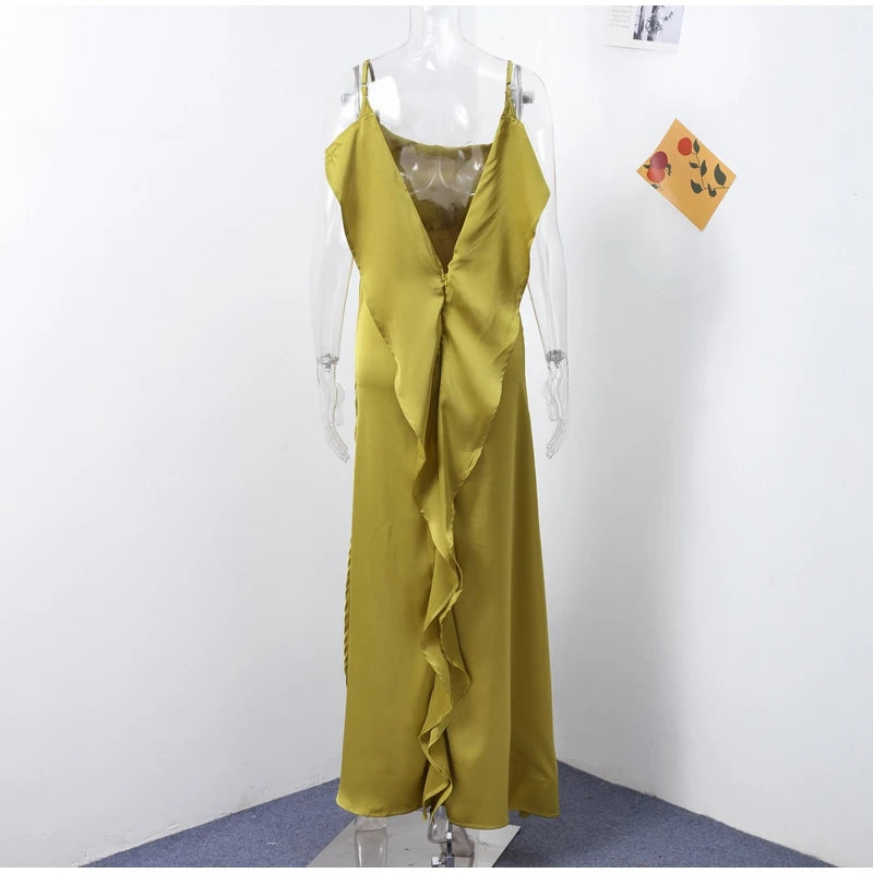 Elegant Green Satin Ruffles Sling Long Dress Women Sexy Backless Sleeveless Split Slim Dresses Lady 2025 New Party Club Vestidos