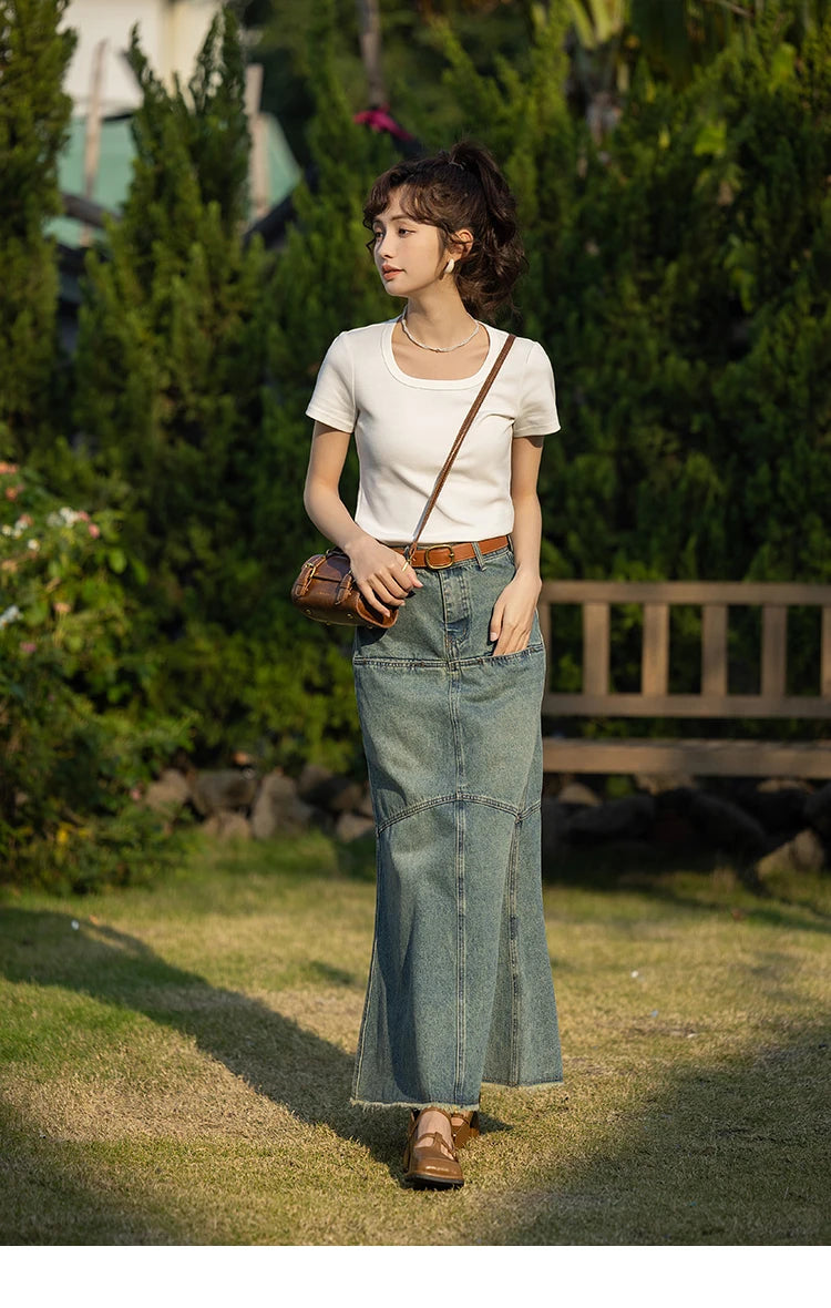 MISHOW Short Sleeve T-shirts Women Spring Solid Square-neck Top Elegant Woman Clothes Office Lady Cotton Tees MXC12T0641