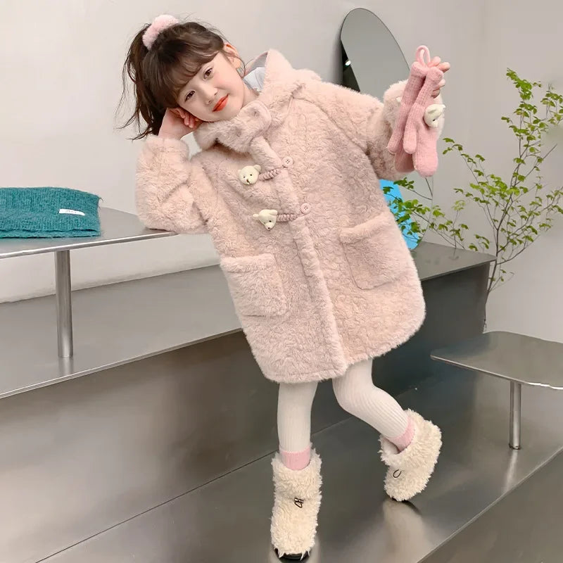 Thickened Fleece Winter Coat for Girls Cartoon Bear Middle-Length Jacket with Gloves Warm Toddler Baby Girl Outerwear