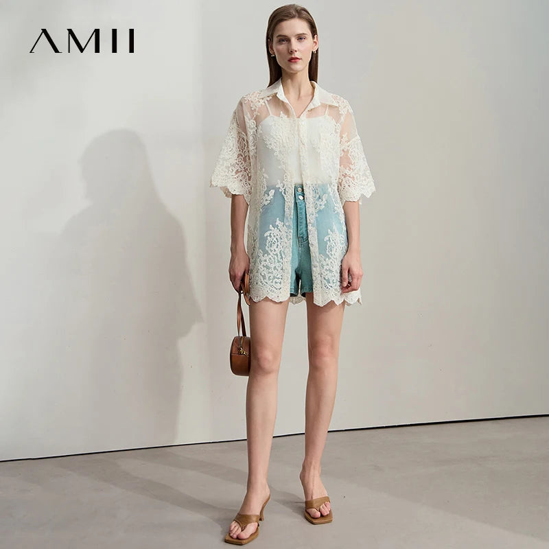AMII Minimalist Office Lady Print Shirts Women Summer 2025 Short Sleeve Turn-down Collar Loose Blouses Female Fashion 12542155