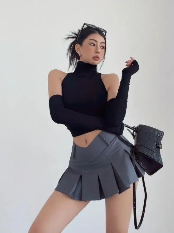 Spring Summer Top Sexy Tank Top Spicy Girl Sleeves High Neck Pleated Club Crop Top Women tshirt Skinny Streetwear Y2k Clothing