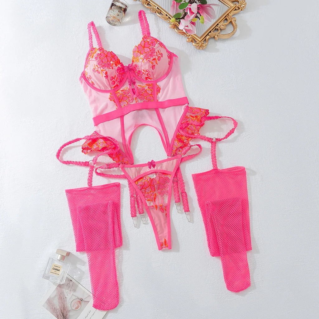 Lingerie Sexy Female Corset Sheer Stockings Garter Belt 3-Piece Erotic Set Suspender Lace Underwear Women OnlyFans Outfits