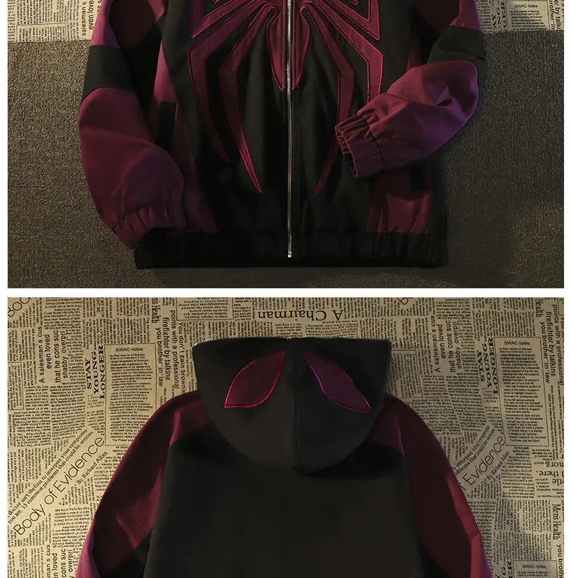 American High Street Spider Man Off Shoulder Sweatshirt Men and Women Retro Loose Oversized 150kg Couple Hooded Cardigan