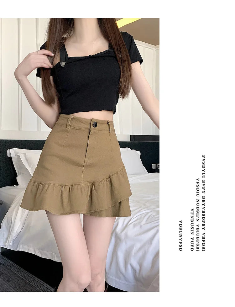 High Waist A-Line  Skirt Women's Spring Summer Denim f-length Skirts with Lace Hemline Cotton Polyester Blend