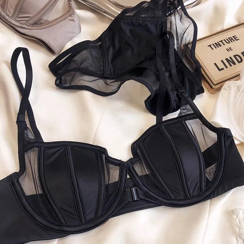 Women Bra and Panty Set Satin Silk Gather Push Up Lingerie Mesh Push Up Front Button Bra Adjustable Strap Thin Cup Underwear