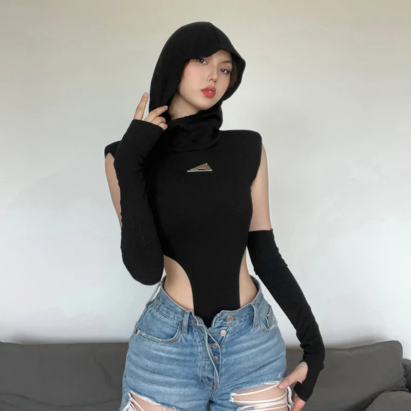 Fashion Solid Color Hooded Bodysuit One Piece Sexy Round Neck Sleeveless Lingerie Sexy Casual Slim Streetwear Festival Outfit
