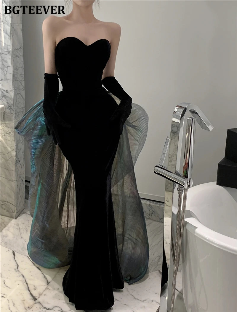 BGTEEVER Fashion Spring Ladies Sleeveless Party Velvet Dress Elegant Slim Waist Women Floor-Length Package Hip Strapless Dress