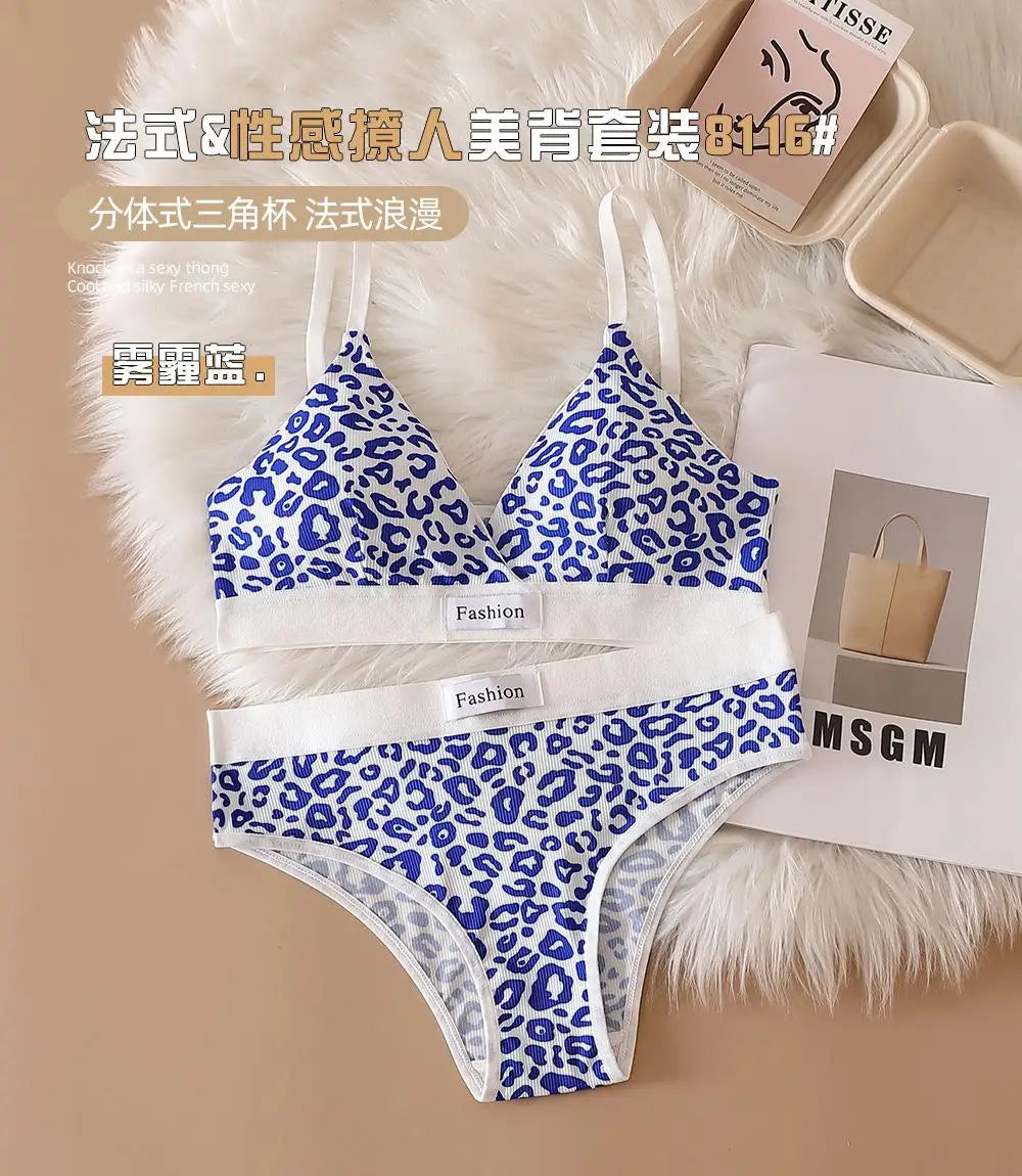 Bra Set Euro-American Sexy Leopard Print Seamless Steel Ring Bra French Adjustable Shoulder Straps Beautiful Back Underwear Set