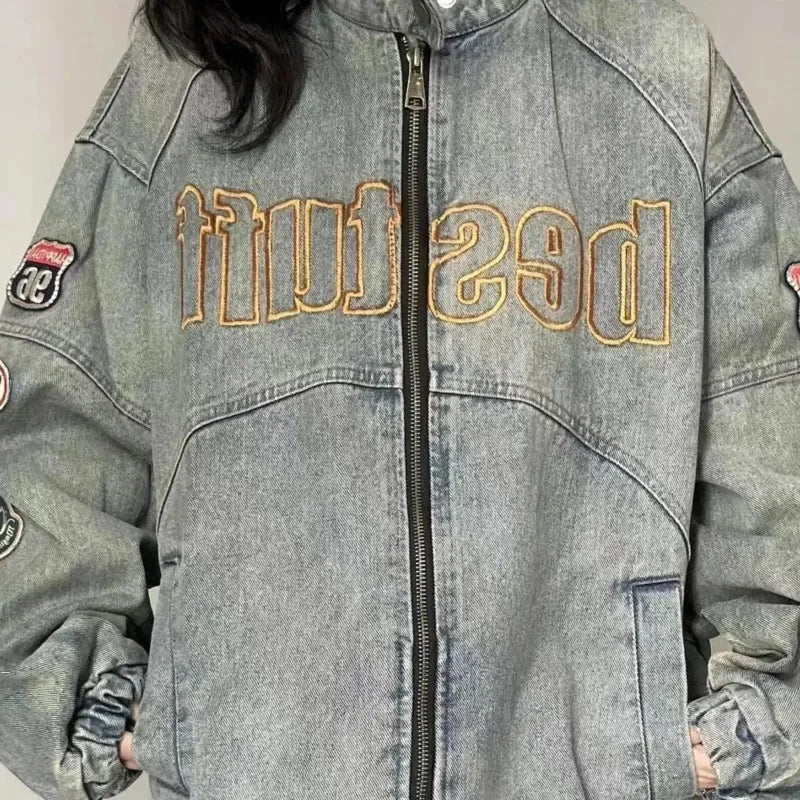 Unisex Embroidered Design Vintage Denim Jacket High Street Loose Coats Hip Hop Stand Collar Baseball Jacket for Women