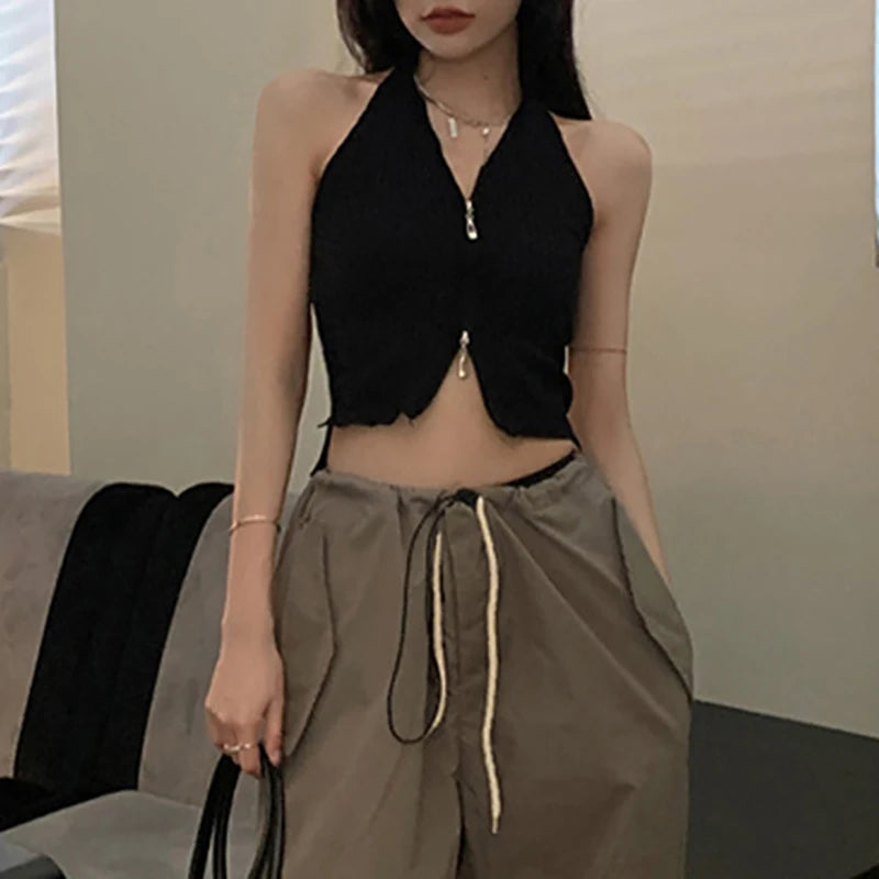 V-neck Camis Women Hotsweet Sexy Halter Crop Tops Zipper Streetwear Pure Sleeveless Chic