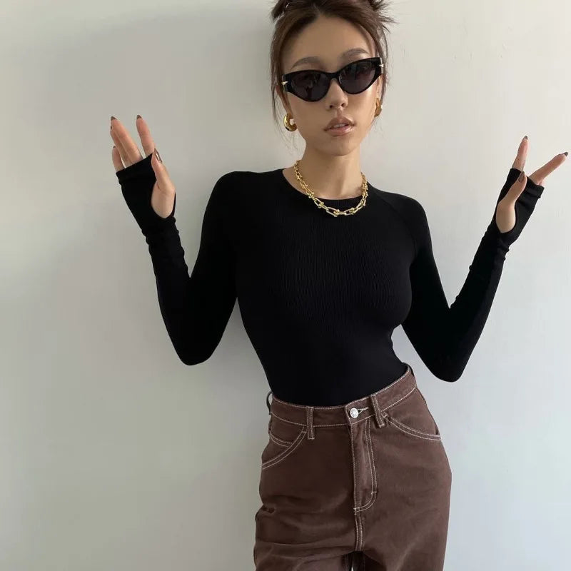 Women Bodysuit New Autumn Long Sleeved Round Neck Pullover With Crotch Jumpsuit Women's Fit Slimming Top One-piece T-shirt