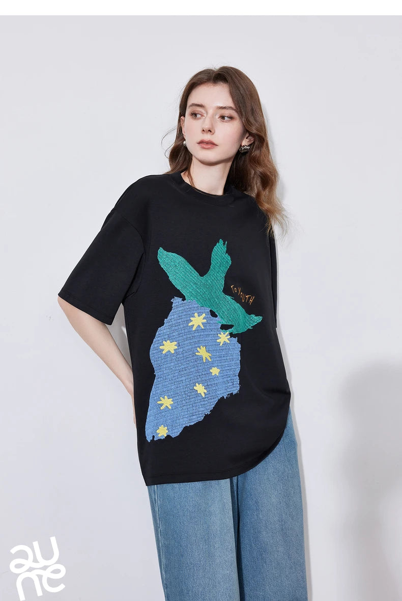 TOYOUTH Women Short Sleeve T-shirt 2025 Spring New Striped Strawberry Embroidered Round Neck Loose Pullover Tops