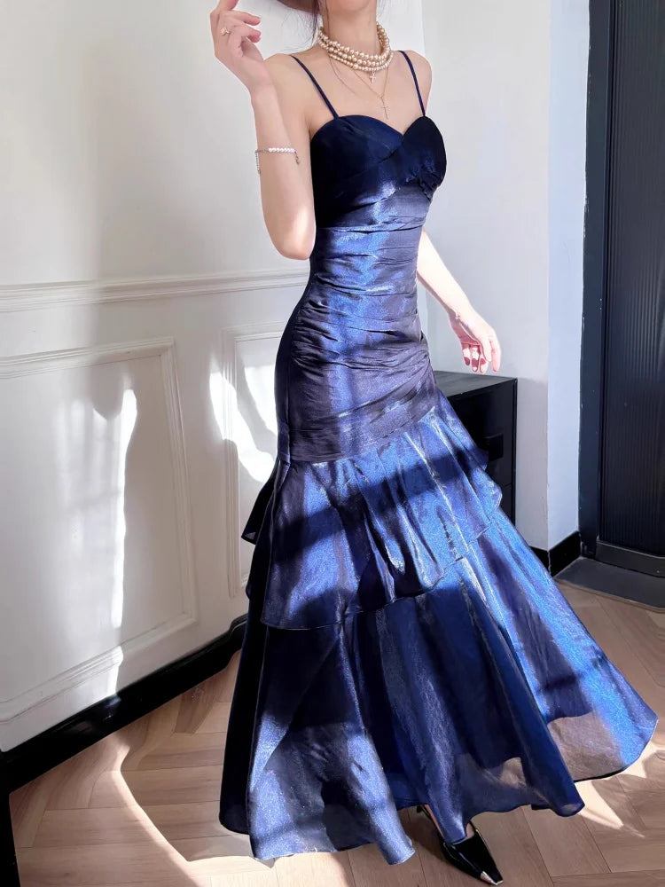 Elegant Romantic Party Women's Spaghetti Strap Dress Female Blue Ruffles Slim Fit Mermaid Dresses Chic Banquet Formal Gown